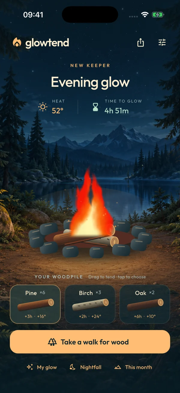 Earlier Glowtend preview showing a glowing campfire and wood selection