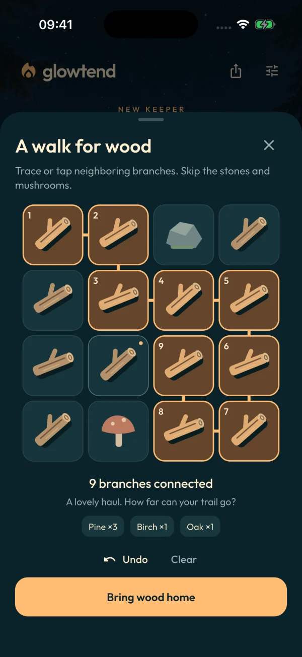 Earlier branch-path gathering screen, before the four-puzzle redesign