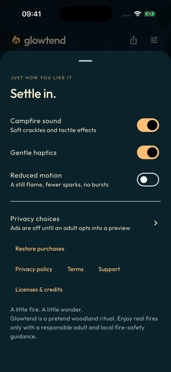 Earlier Glowtend settings screen